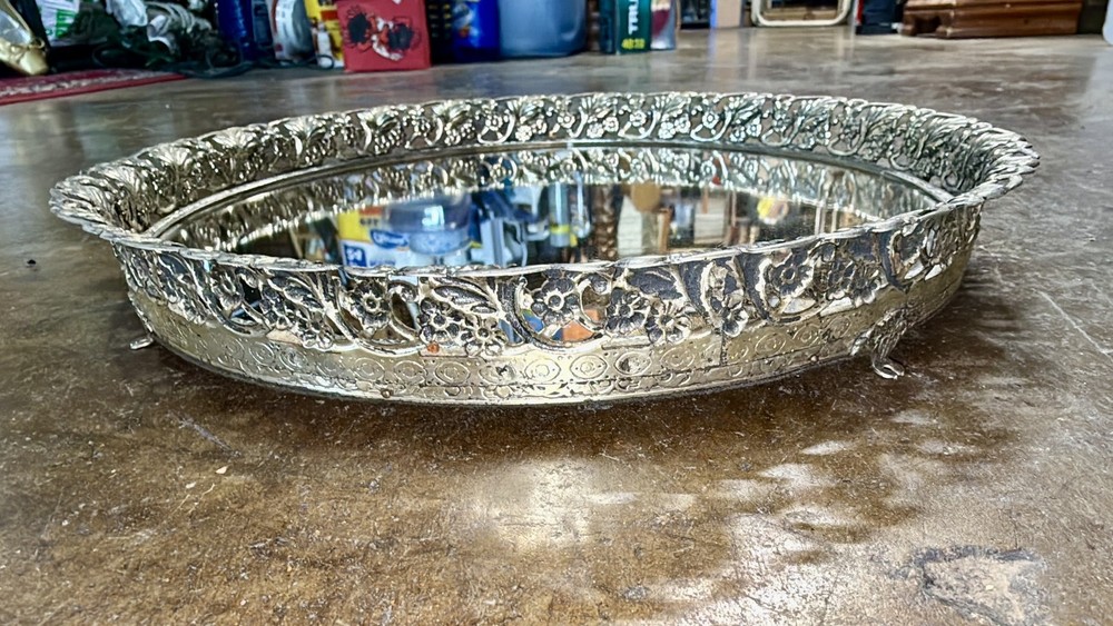 Round Ornate Silver Plated Dresser Mirror