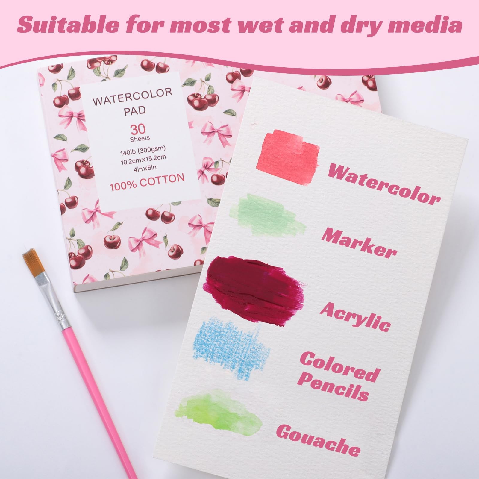 30 Sheets Watercolor Paper Pad with 2 Pcs Watercolor Brush, 140 lb/300 GSM