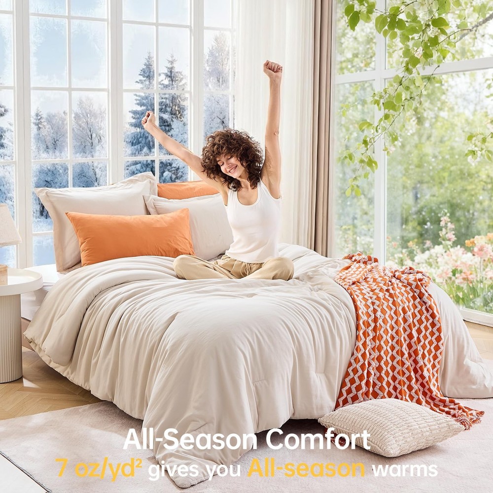 Queen Size Comforter Set Beige, 3 Piece Solid Bedding for All Seasons, Warm D...