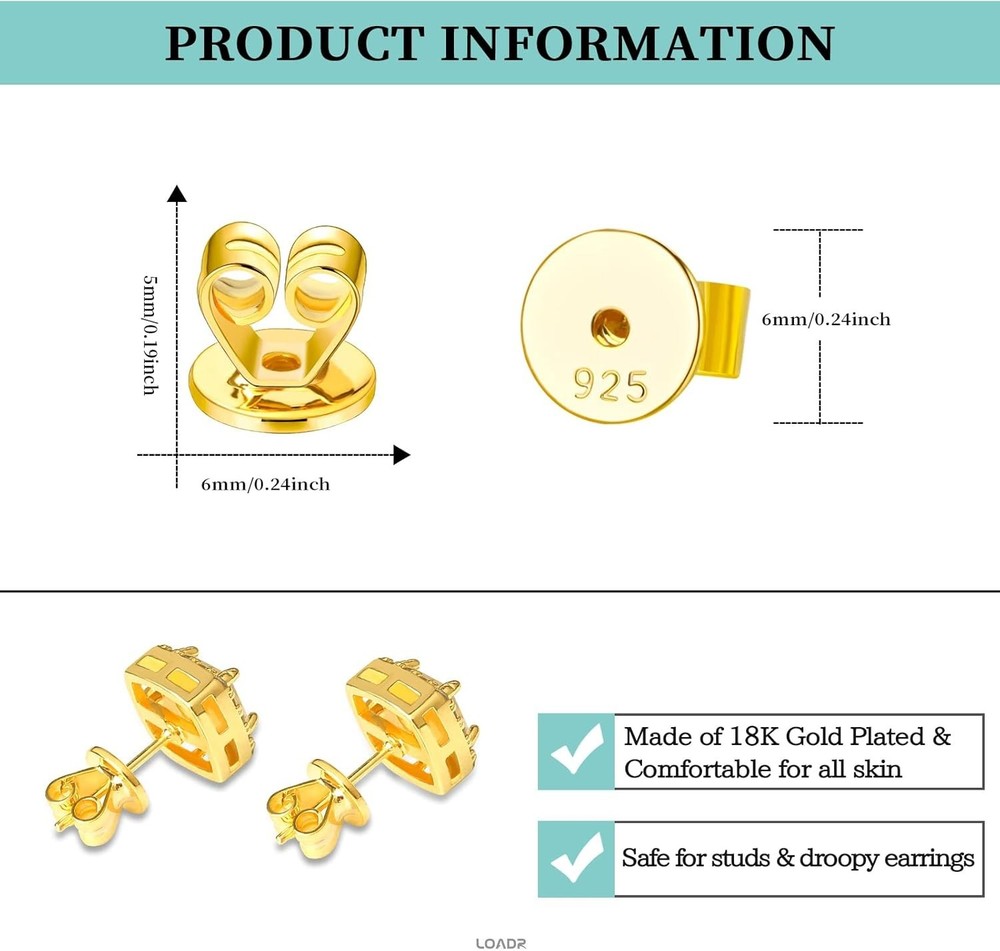 Hypoallergenic Earring Backs for Studs - 12 Replaceable Pairs in Gold & Silver
