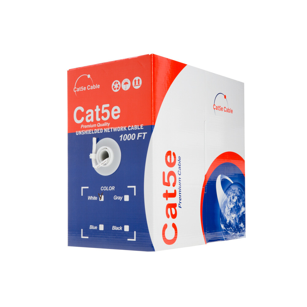 1000ft Cat5e White Ethernet Network Cable Solid 24AWG Copper Clad CCA Bulk Wire