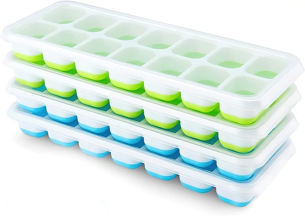 Ice Cube Tray, 4 Pack Silicone Ice Tray, 14 Ice Cube Molds with Lids, Stackable