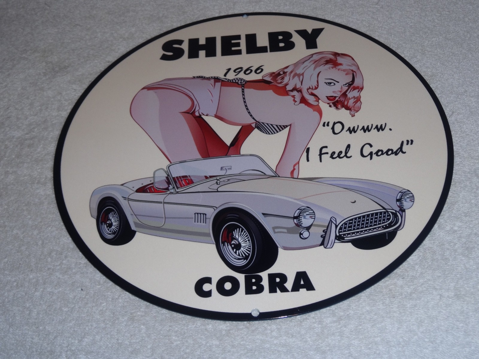 VINTAGE 1966 FORD SHELBY COBRA SPORTS CAR & WOMAN 12" METAL GASOLINE & OIL SIGN!