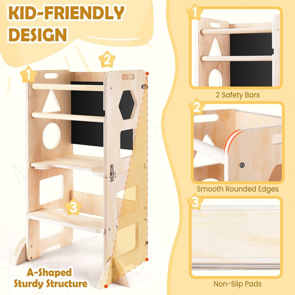 4-in-1 Toddler Kitchen Step Stool, Foldable Learning Standing Tower with
