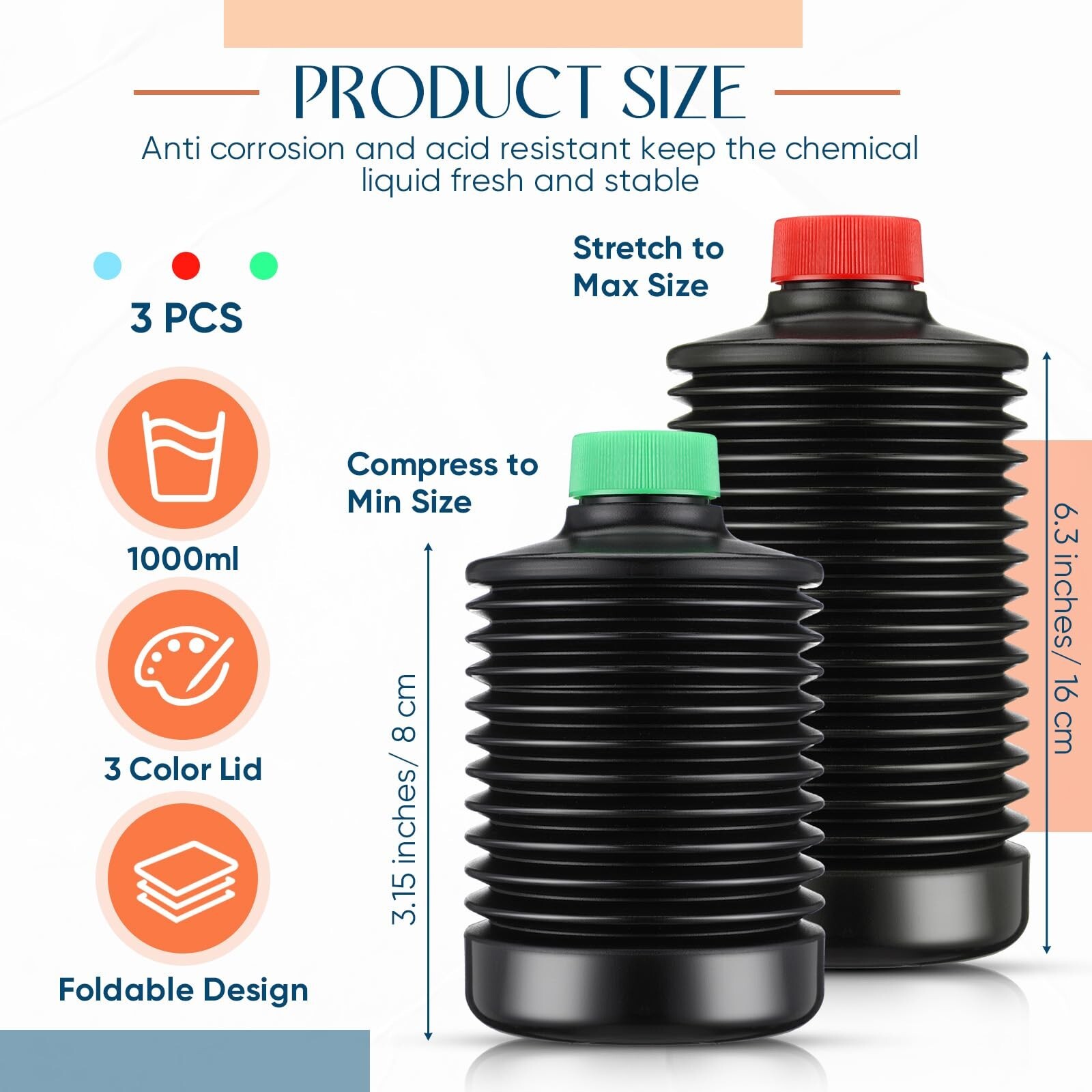 3Pcs eTone 1L Collapsible Storage Bottles For Darkroom Chemical Film Developing