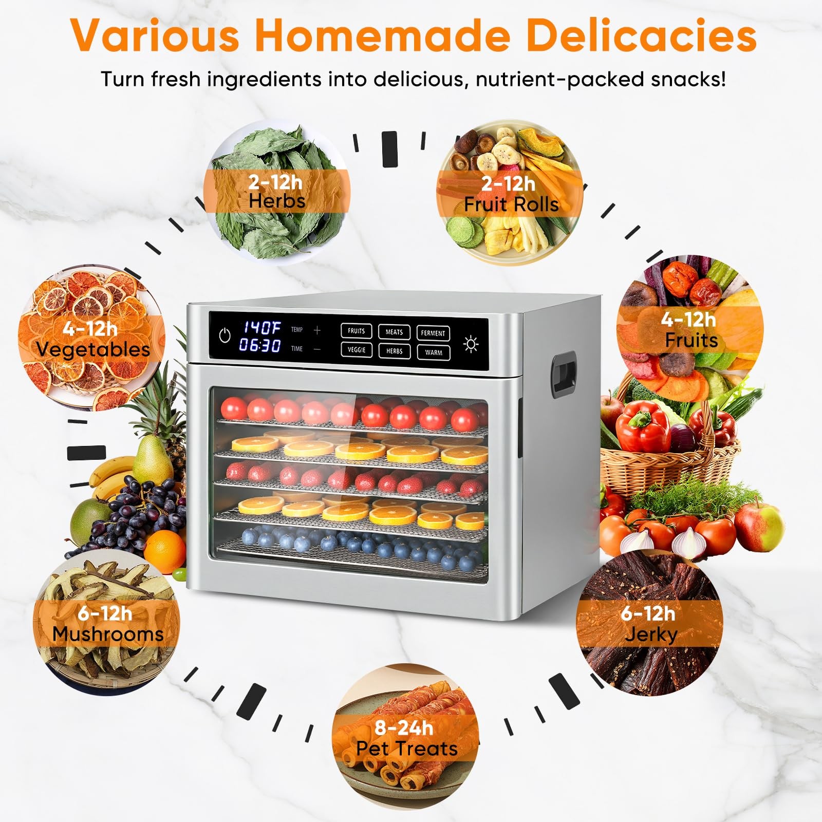 6-Tray Stainless Steel Food Dehydrator, 500W Commercial Meat Jerky Maker with...