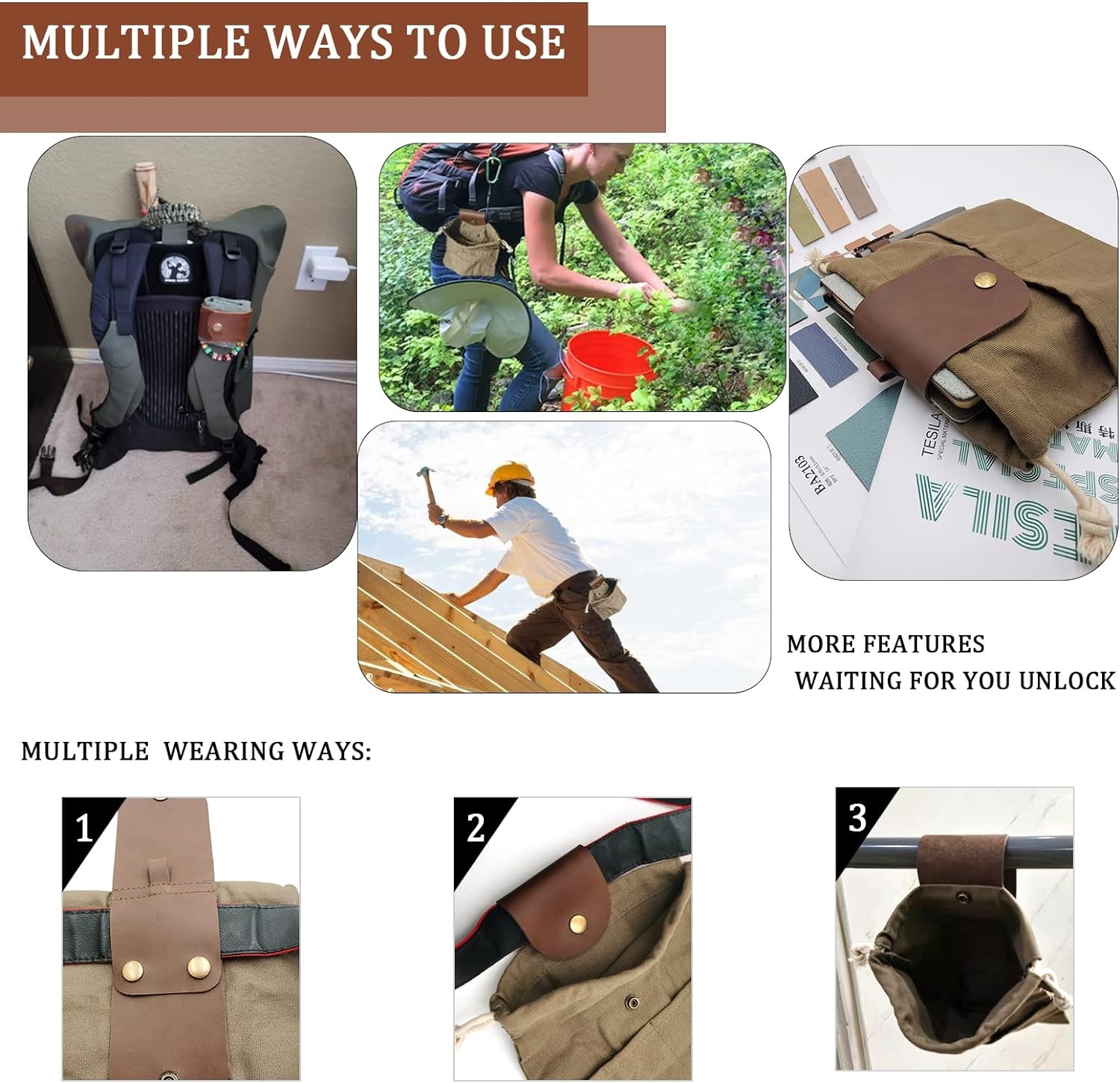 Foraging Pouch Leather Canvas Collapsible Bag Water Resistant 8.66", Green