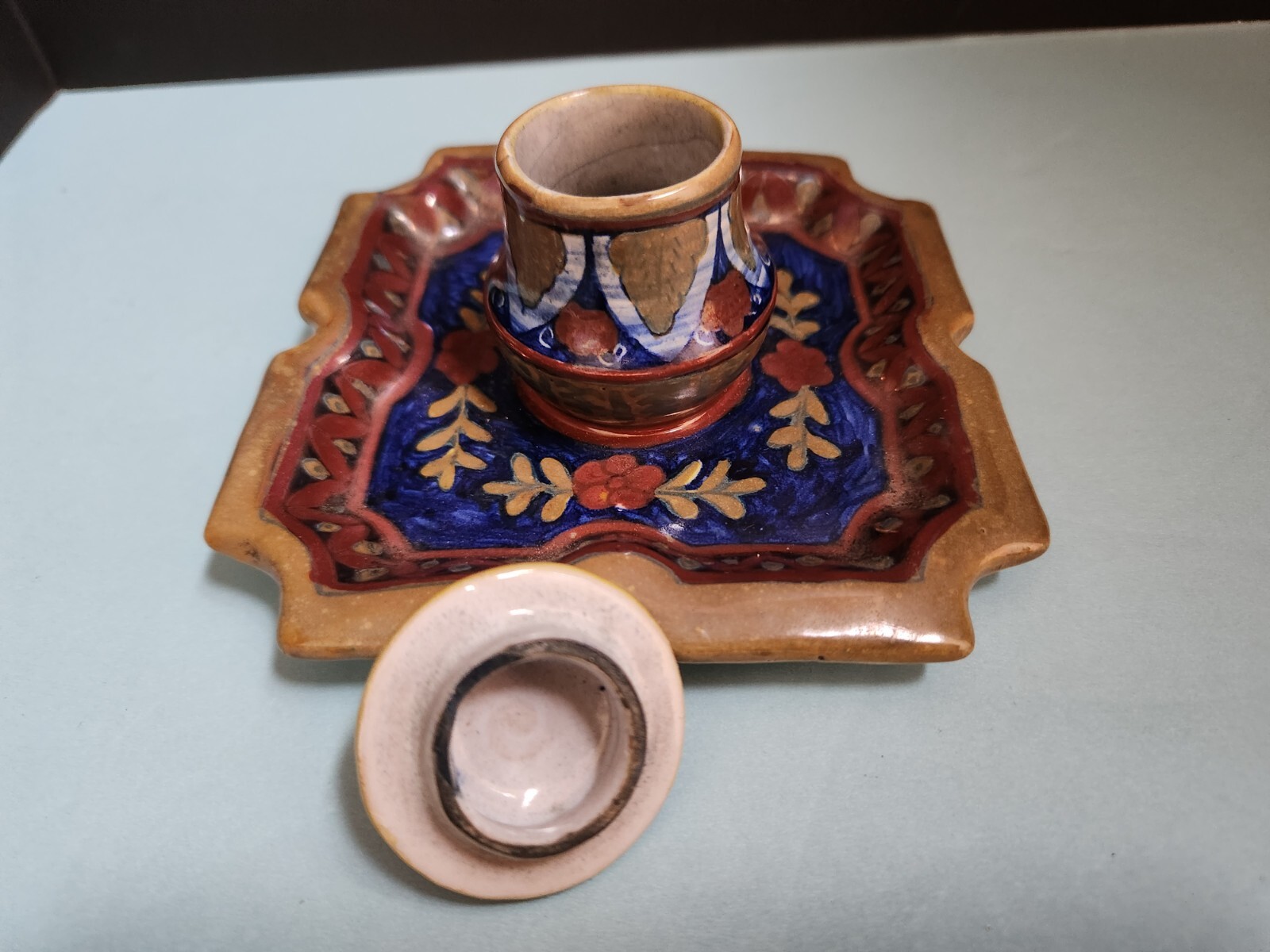 Majolica INKWELL, Societa Ceramica Umbra, Attached Tray & Lid Gubbio Italy