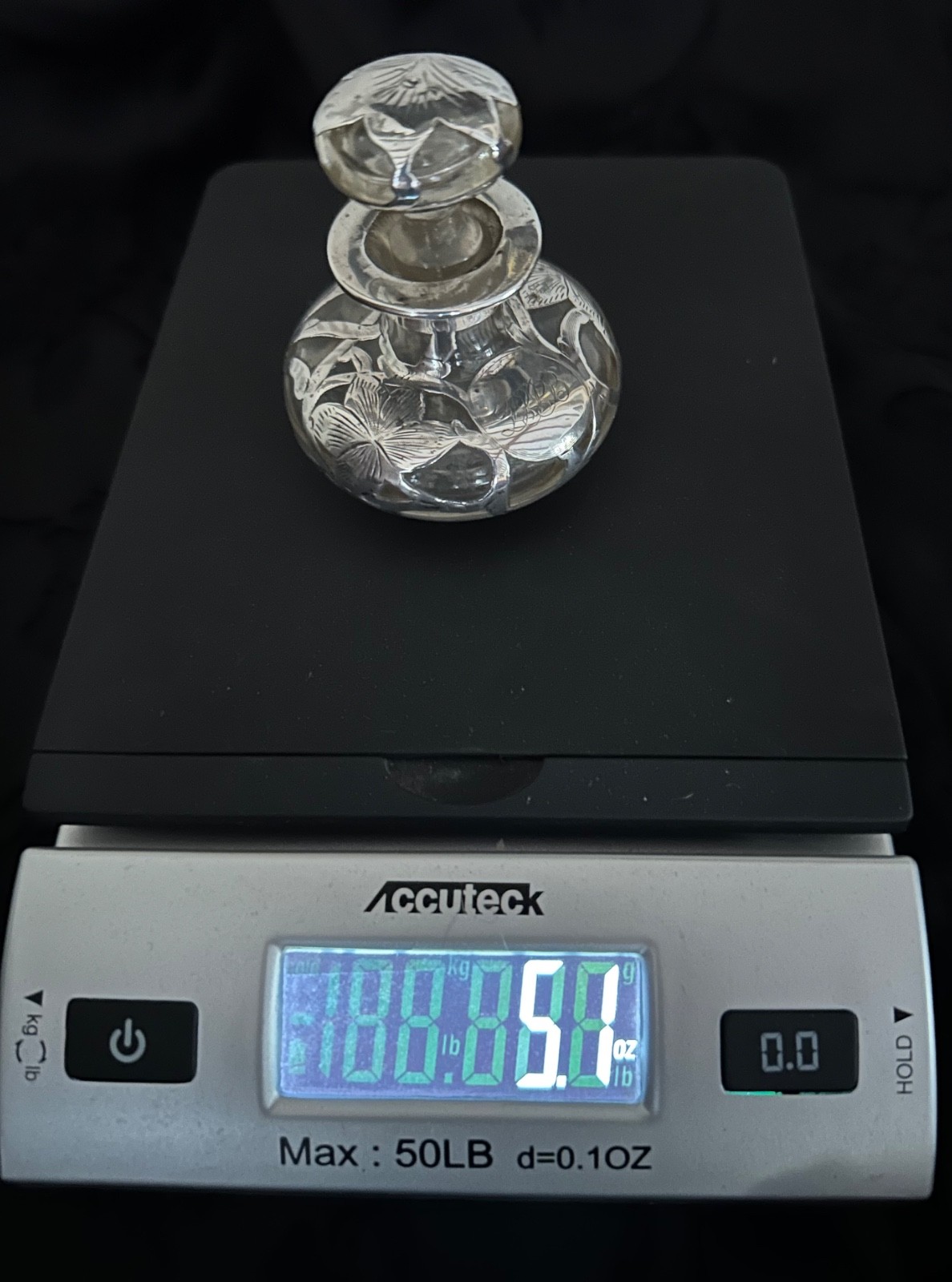 Antique Art Nouveau Sterling Silver Overlay Clear Glass Scent/Perfume Bottle