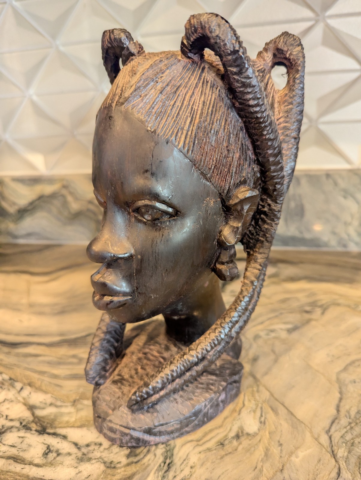 African Tribal Woman Bust Hand Carved Wood Sculpture Ethnographic Head Statue...