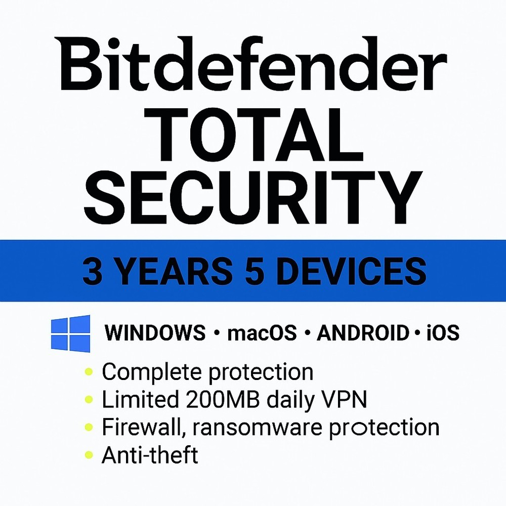 Bitdefender Total Security  3 Year 5 Devices Protection  + Daily VPN