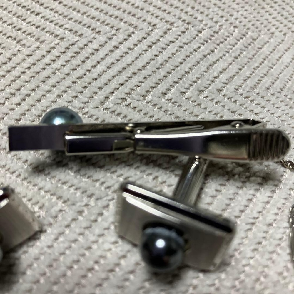 Silver Tie Pin Cufflinks Button Set -USED-JP NO BOX