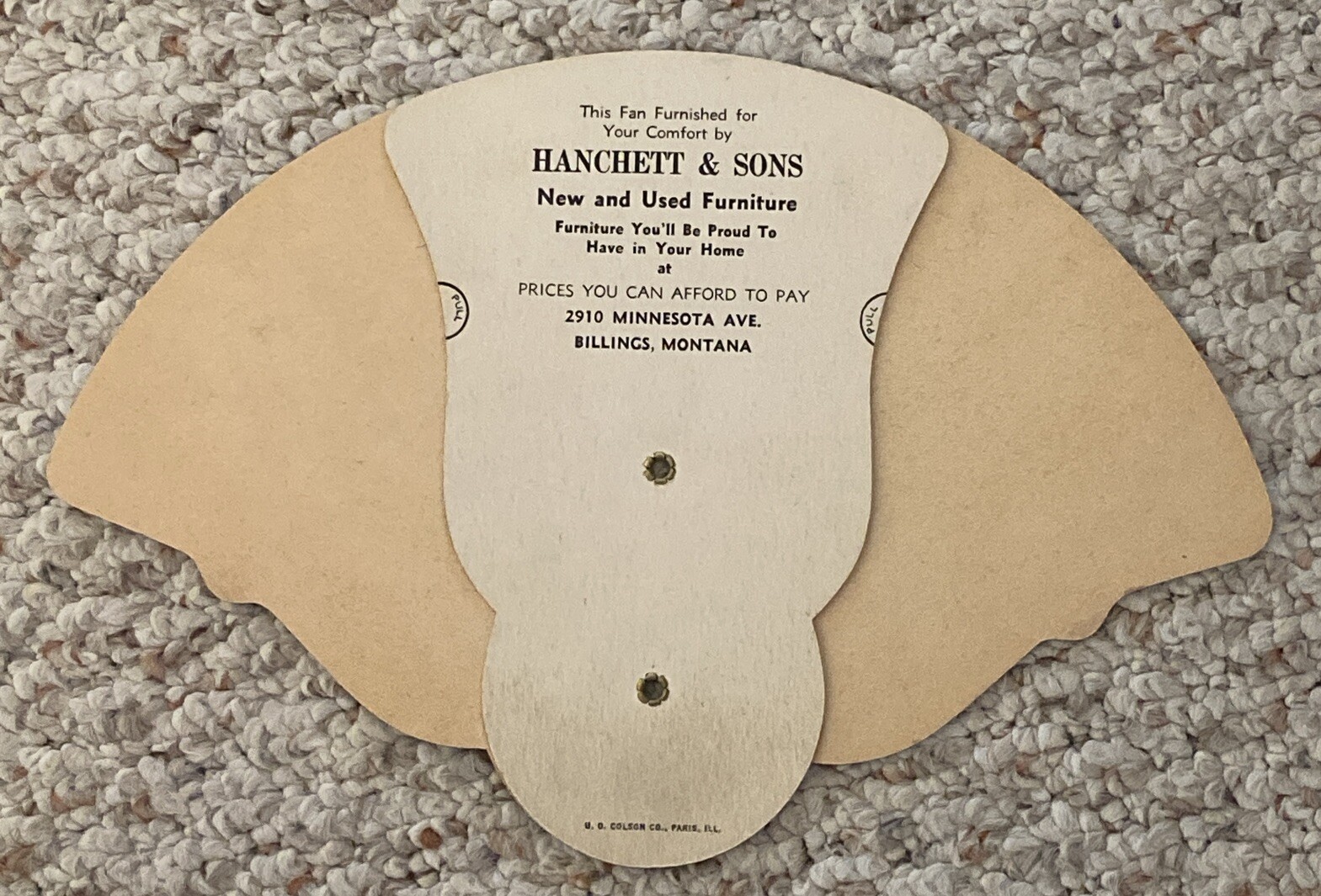 Hanchett & Sons Furniture Store vintage tri-fold hand fan