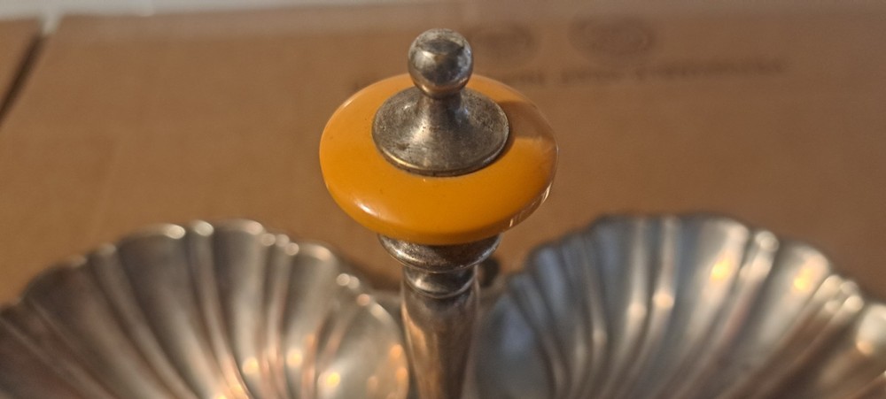 Vintage Crown Silver Plated Double Shell Candy Dish Bakelite Handle Marked