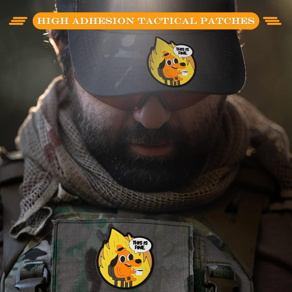 This Is Fine Dog PVC Patch, 1 Pc PVC Rubber Meme Morale Patch with Hook and Loop