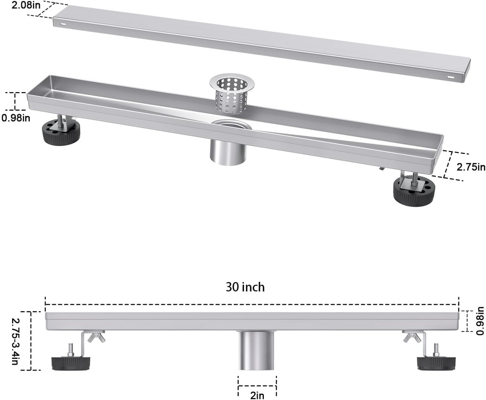 Linear Shower Drain 30 Inch Brushed Nickel with Tile Insert Grate Rectangle Floo