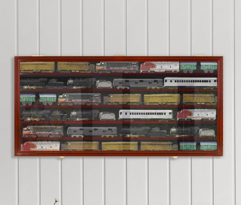 HO Scale Model Train Display Case Lockable Collection Shelf Cabinet Mahogany