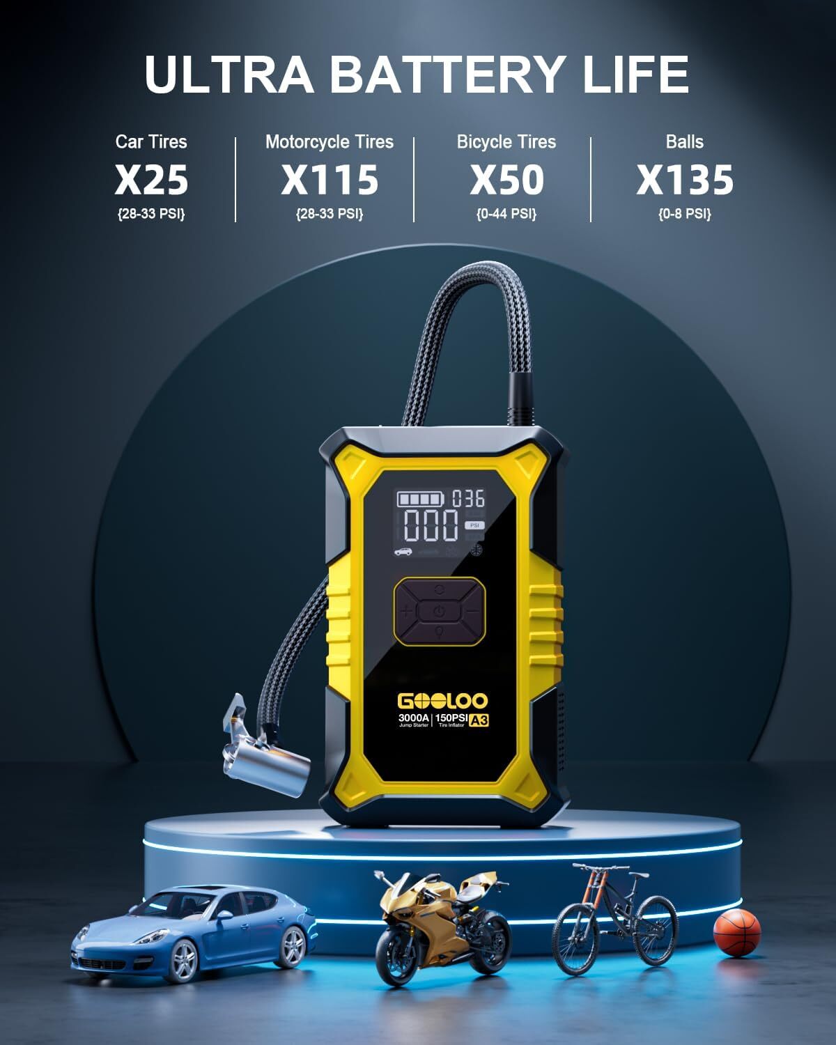 GOOLOO A3 Jump Starter with Air Compressor 3000A Portable Car Battery Booster