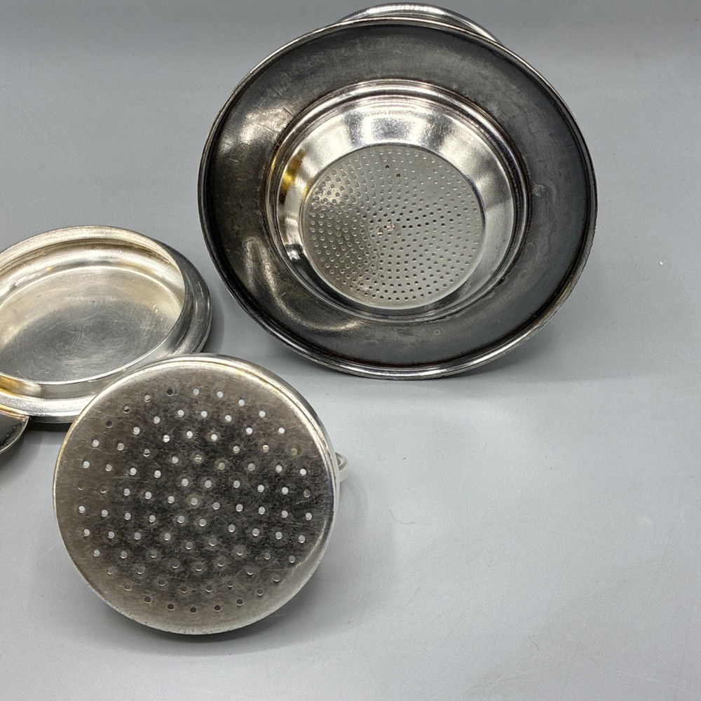 Silver Plate Tea Strainer Press Cup Handle Lid 3pc Marked