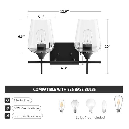 Bathroom Vanity Light, 2 Light Bathroom Light Fixture Over 2-Light Black