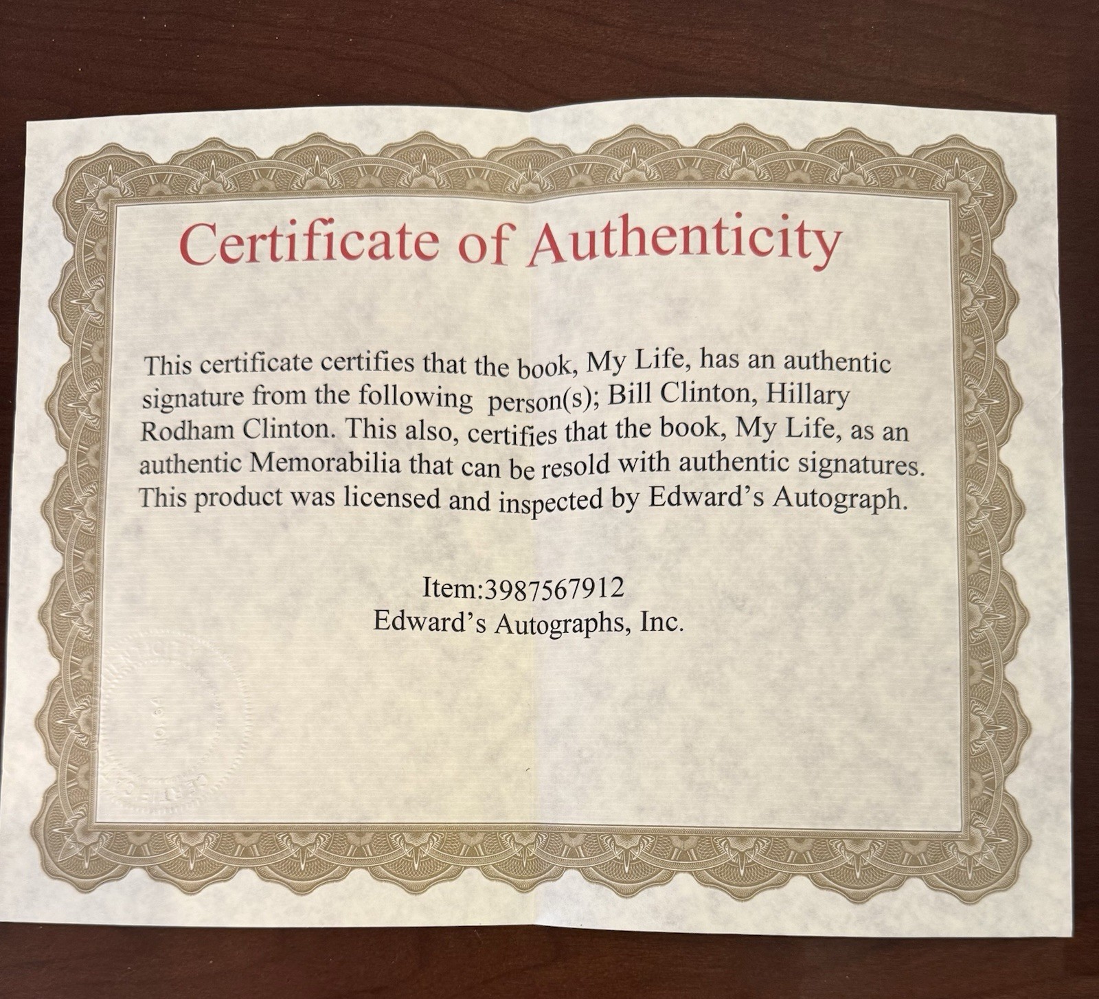 “My Life” Signed by both Bill Clinton & Hillary Clinton, 2004 1st Edition, COA