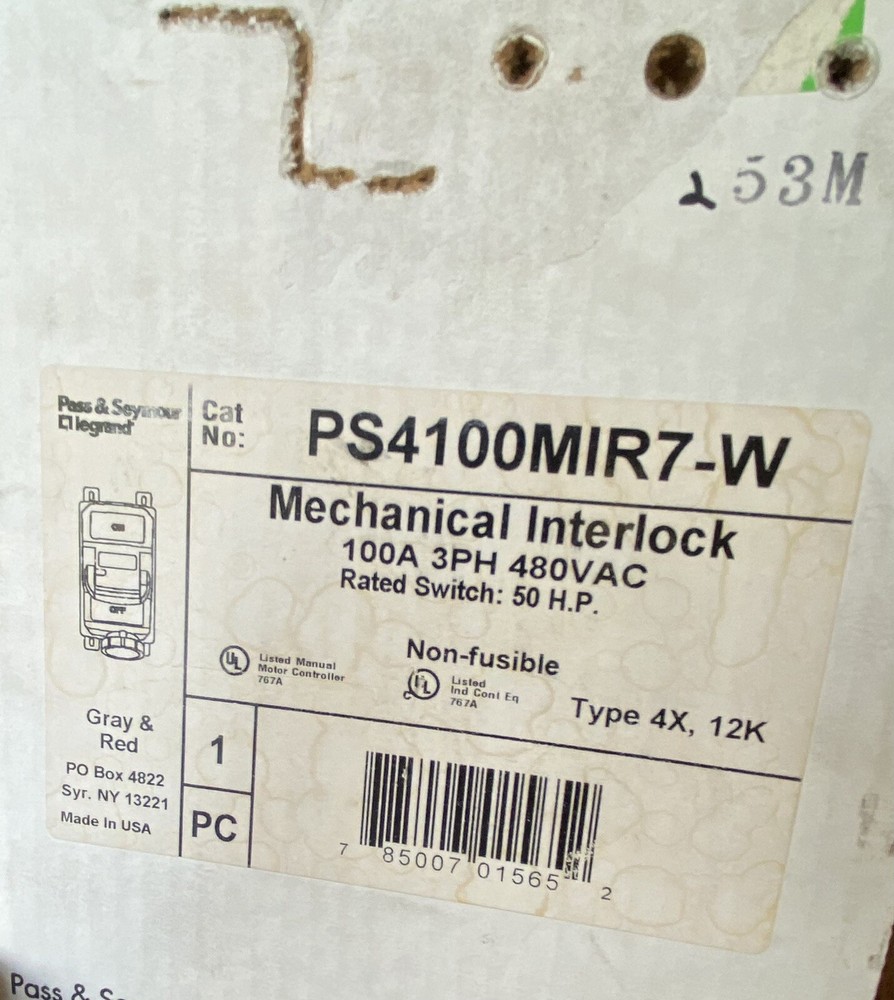 NEW IN BOX LEGRAND PS4100MIR7W MECHANICAL INTERLOCK 100 AMP