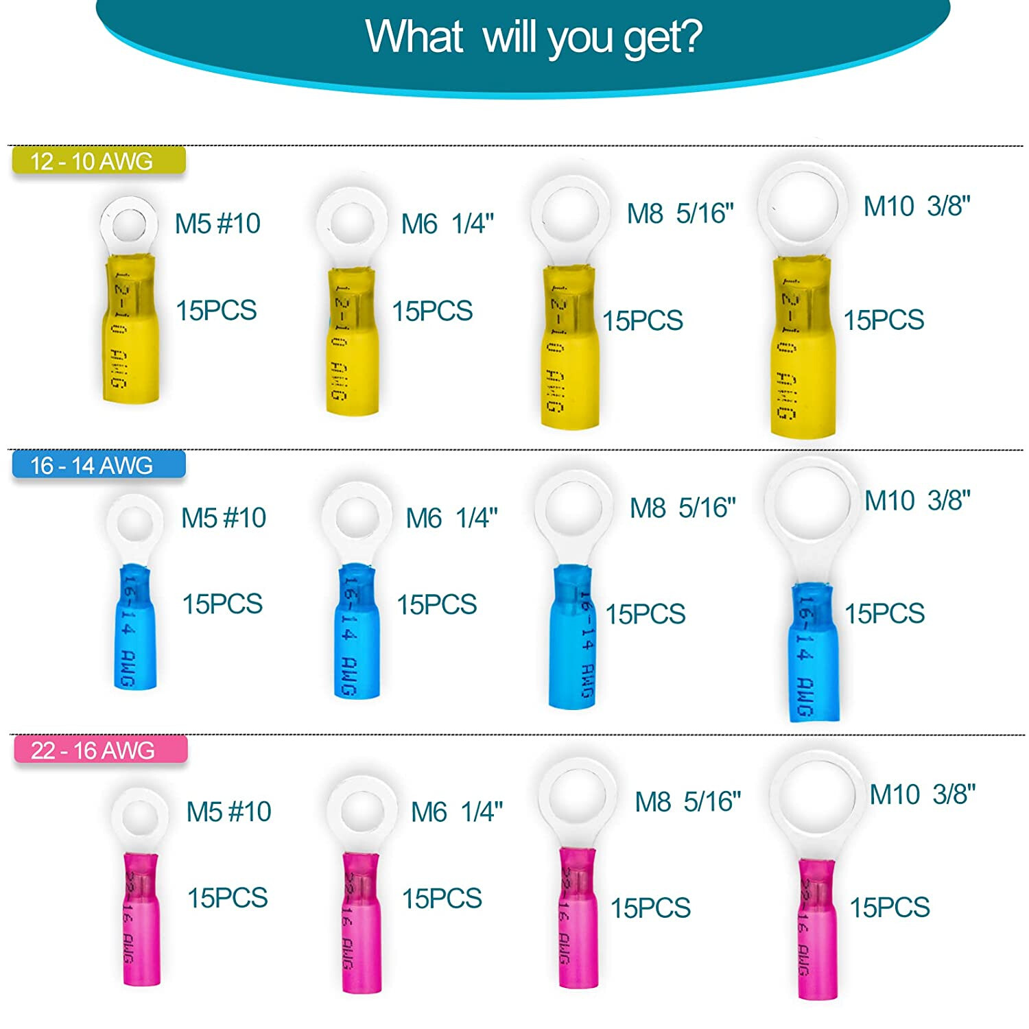 180 PCS Heat Shrink Wire Connectors 22-10 AWG Crimp Ring Terminals Waterproof