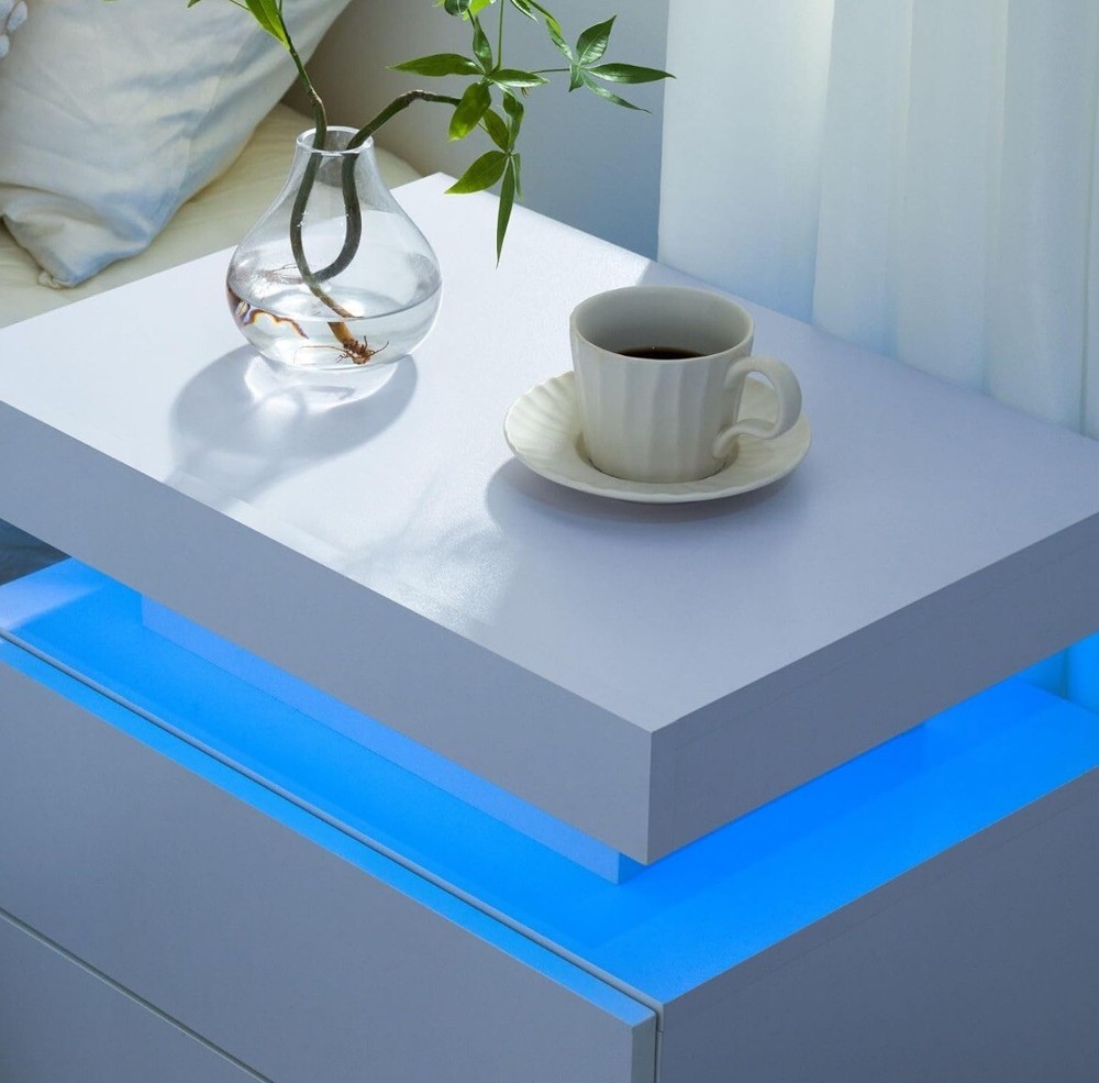 Cubehom White Nightstand LED Bedside Table for Bedroom Modern