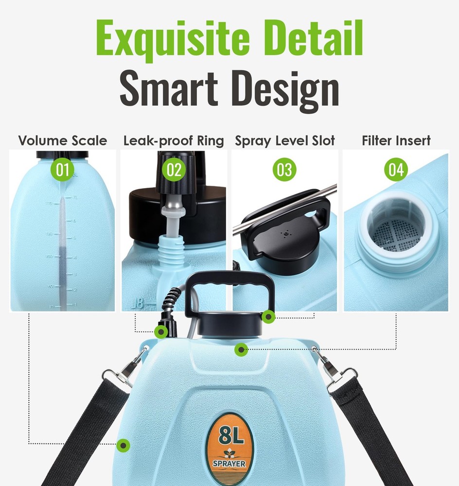 PASAMIC 2 Gallon Battery Powered Sprayer, Rechargeable Electric Sprayer with 2 S