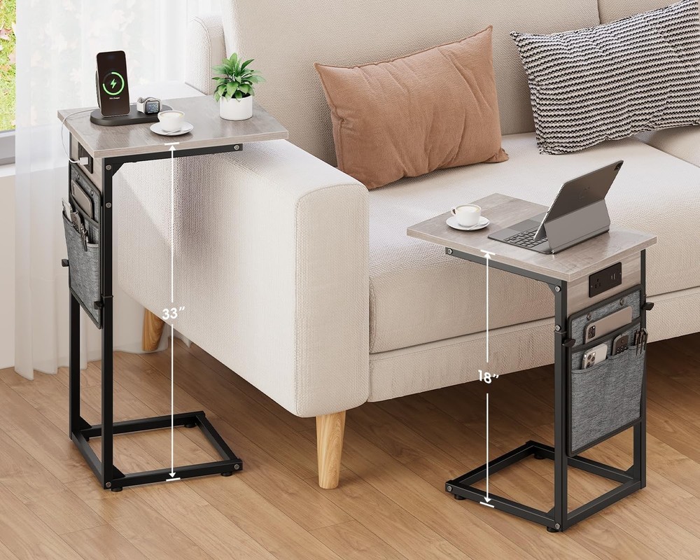 C Shaped End Table W/ Charging Station Adjustable Height Side Table Couch