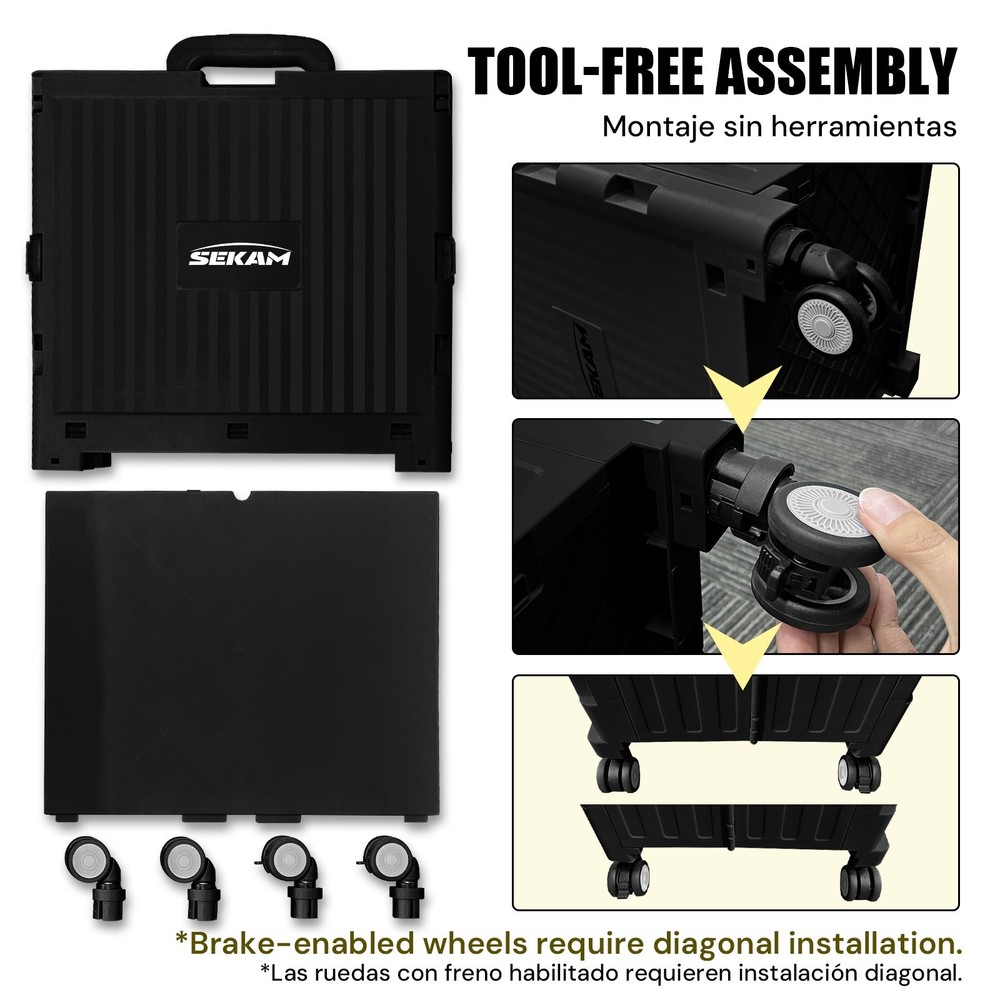 Foldable Rolling Crate with Lid & Telescopic Handle Portable Utility Cart Multi
