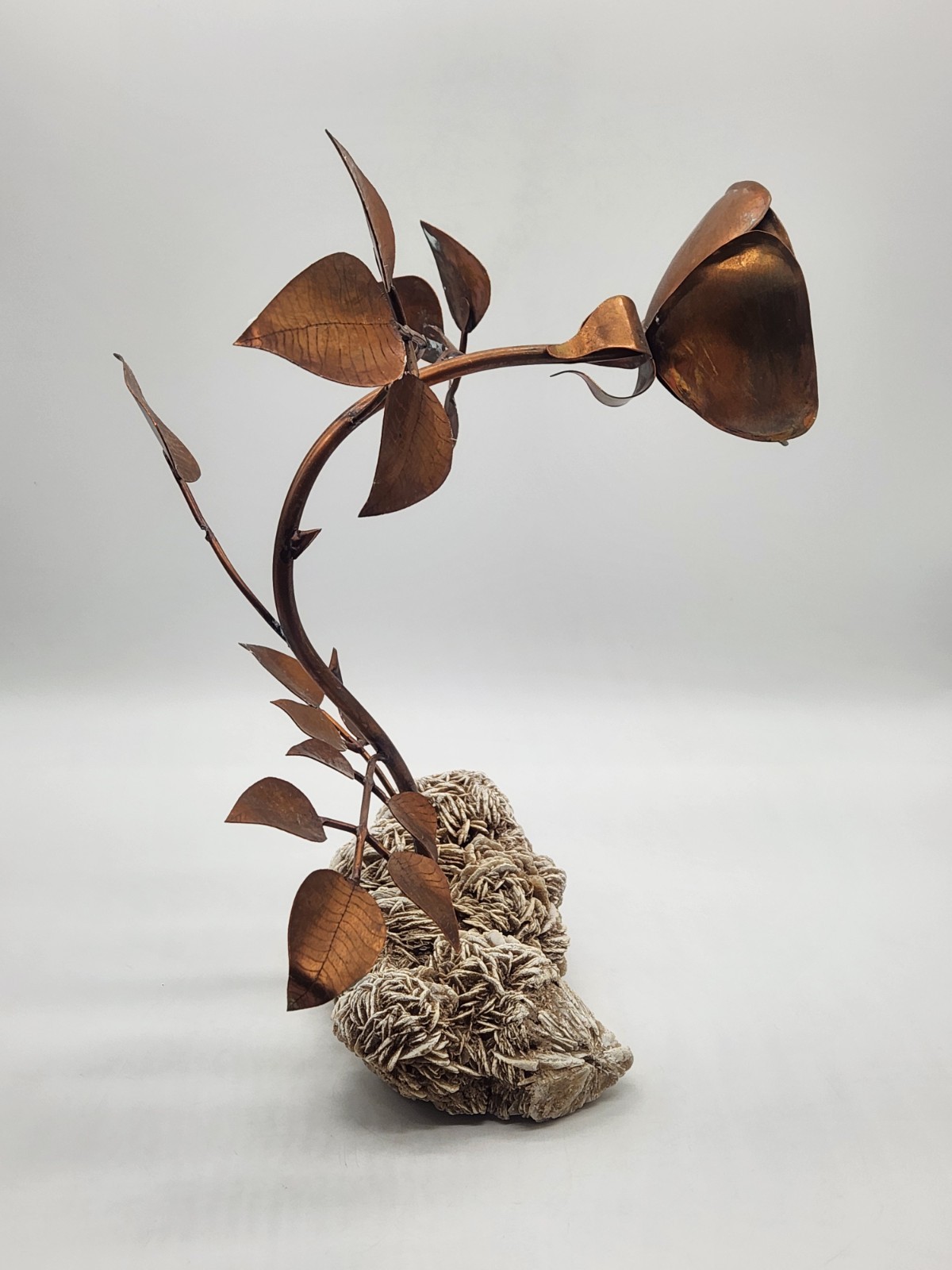 Copper Rose Sculpture w/Desert Sand Rose Crystal ~ 13" H x 10" L x9" W