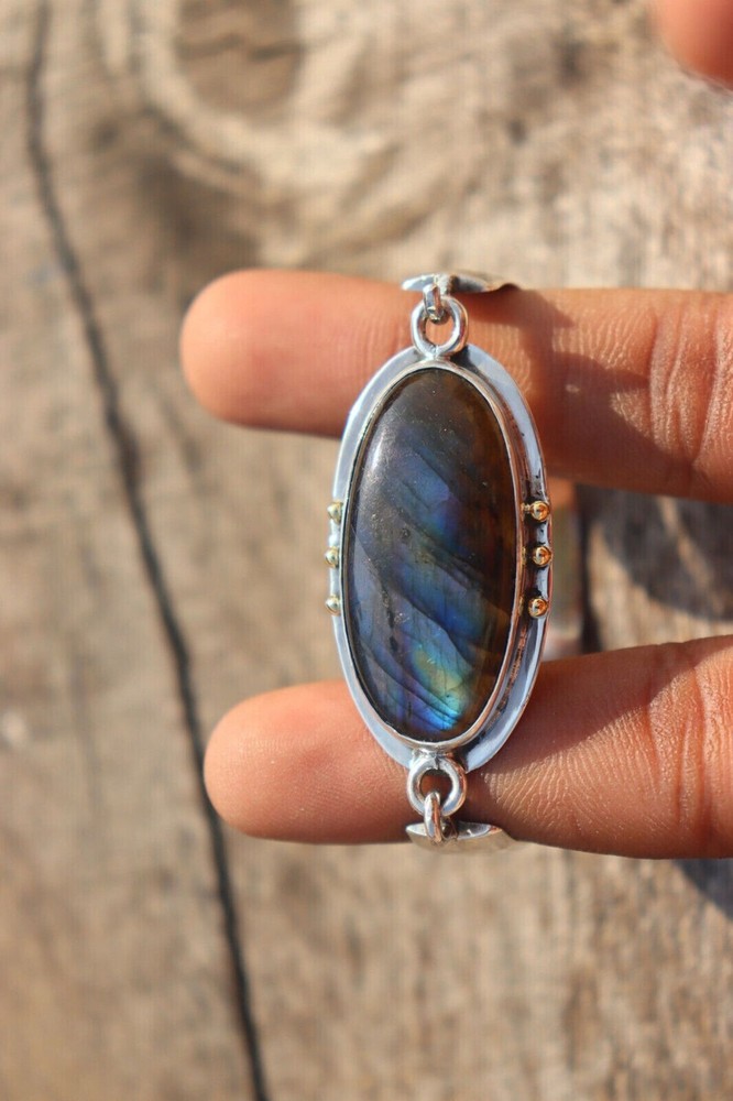 Labradorite Gemstone Beautiful 925 Sterling Silver Adjustable Round Bangle PG359