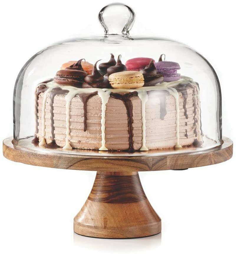 "Wood Cake Stand with Glass Dome: Transformable to Cheese Board - Multi-function