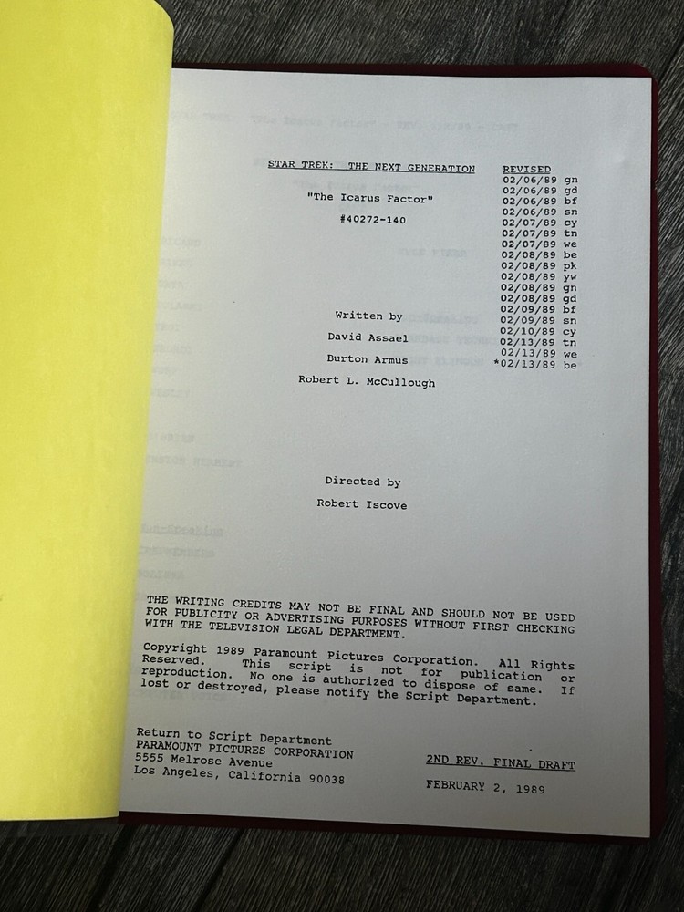 STAR TREK Script The Next Generation The Icarus Factor 2nd Revision Final Draft