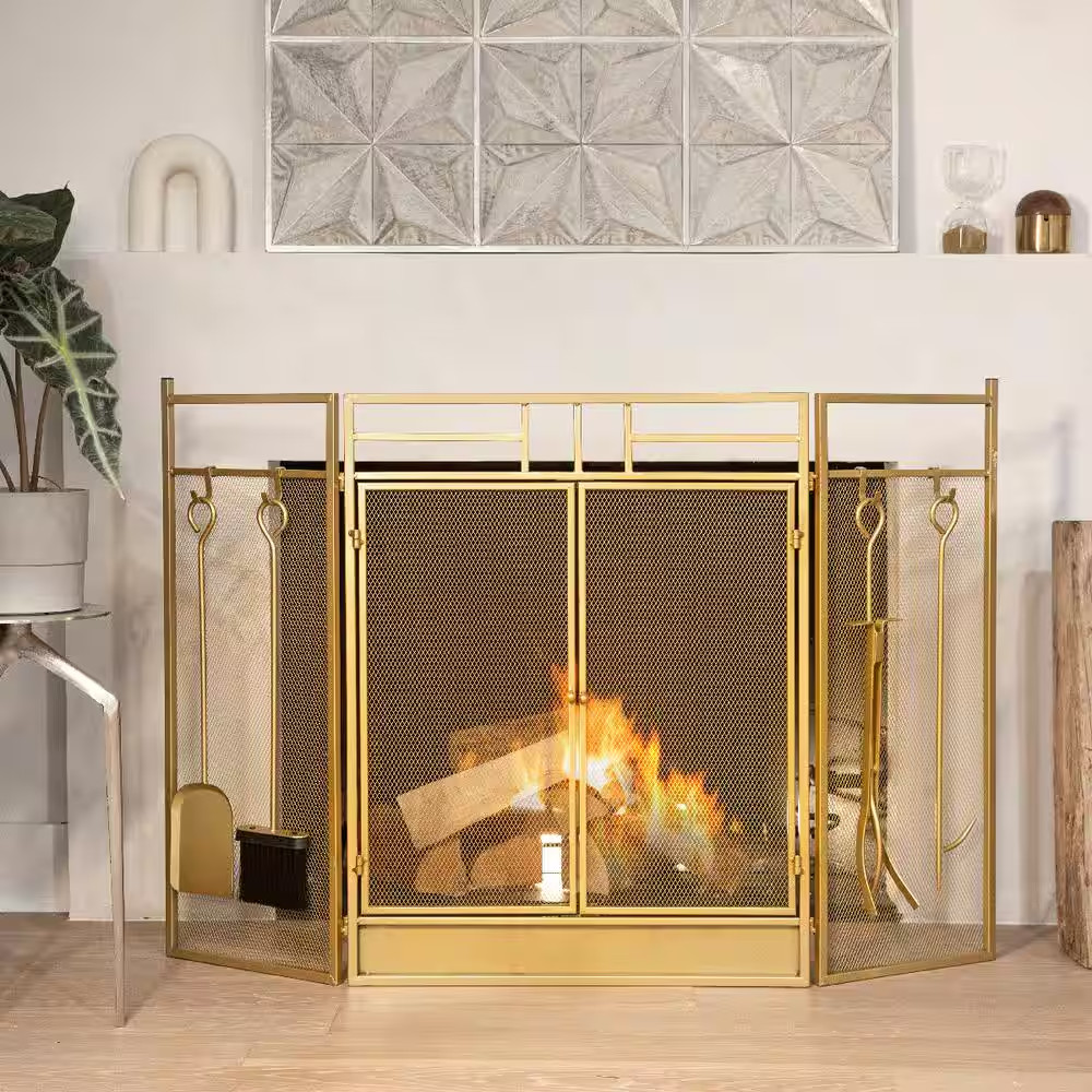 48 In. Fireplace Screen Gold 4-Panel Fire Spark Guard Hinged Doors with Fireplac