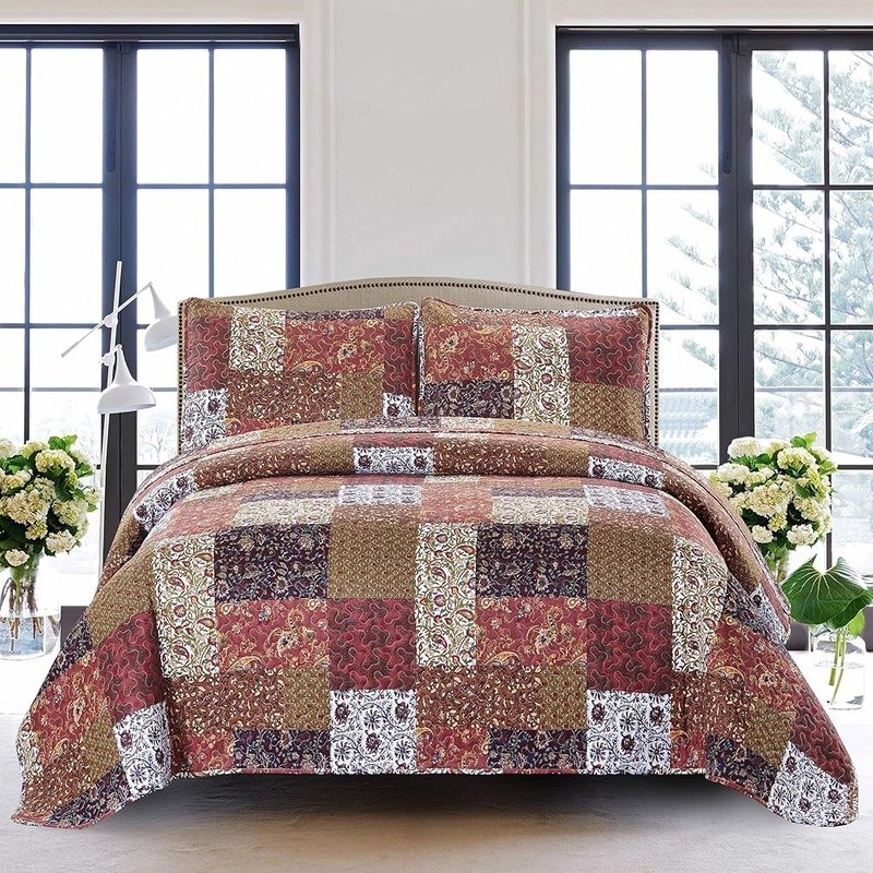 Cozy Autumn Patchwork Quilt Set Lightweight Polyester Bedding W/ Shams New