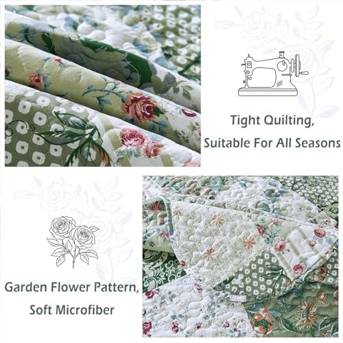 Romantic Patchwork Quilt Set King Size,Reversible Bedspread King 102x90 Green
