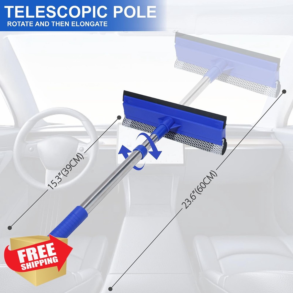 2-in-1 Car Windshield Squeegee Sponge Scrubber Blue Handle