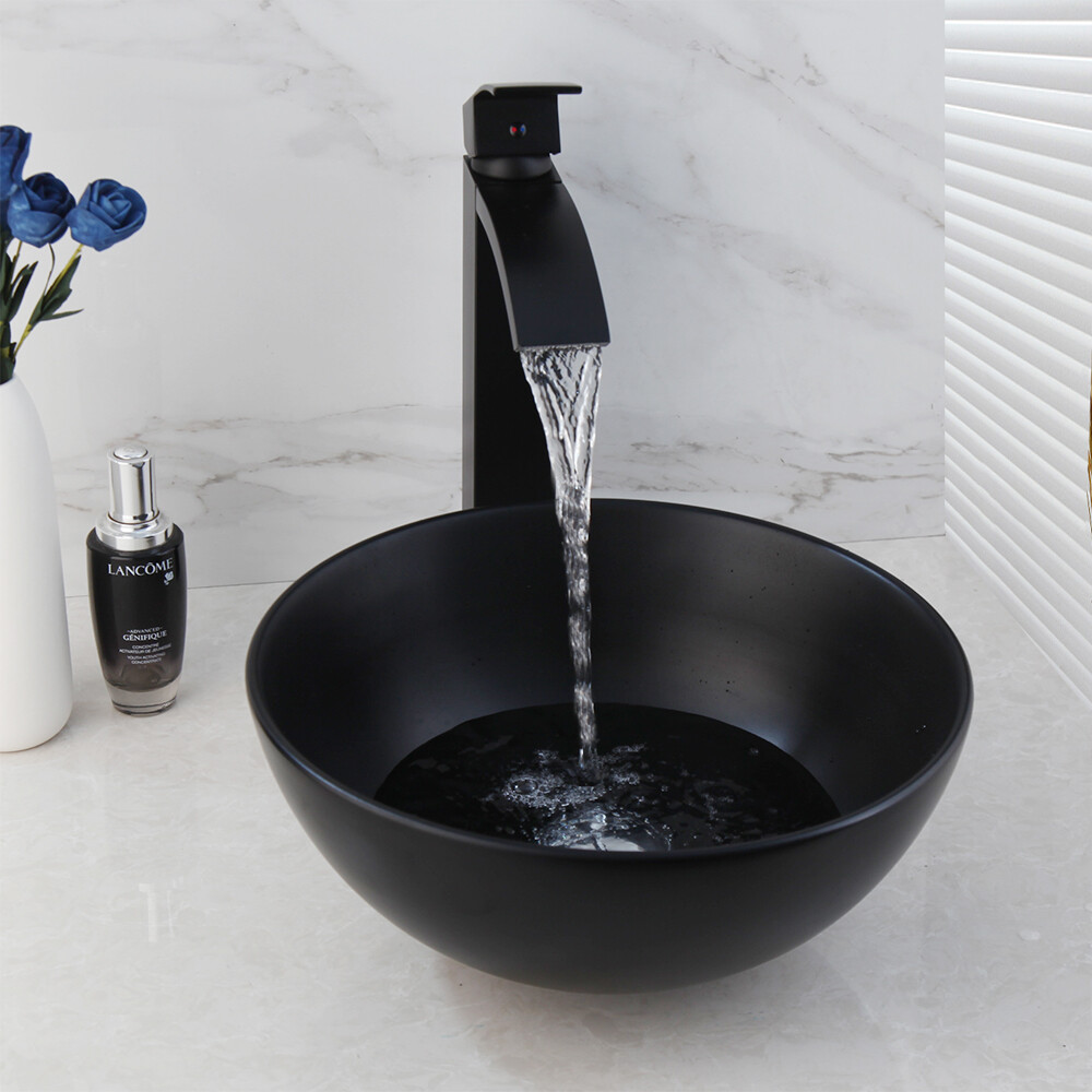 Ceramic Round Black Bathroom Vessel Sink Washing Basin Bowl Waterfall Faucet Tap