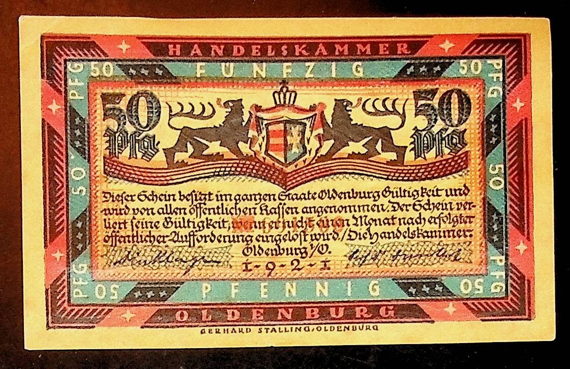 1921 Germany HANDELSKAMMER OLDENBURG 50 Phennig Banknote / Notgeld