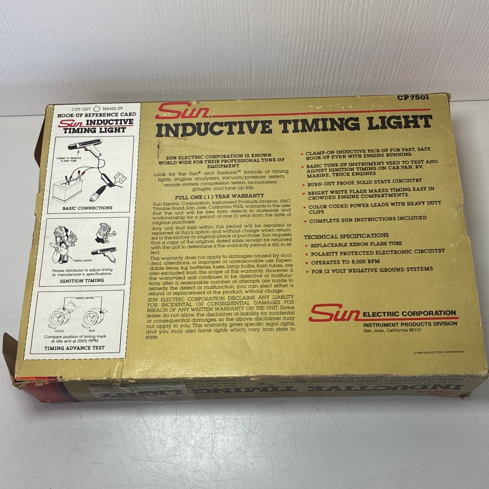Sun Inductive Timing Light Model CP-7501 Engine Timing Light Box Manual Untested