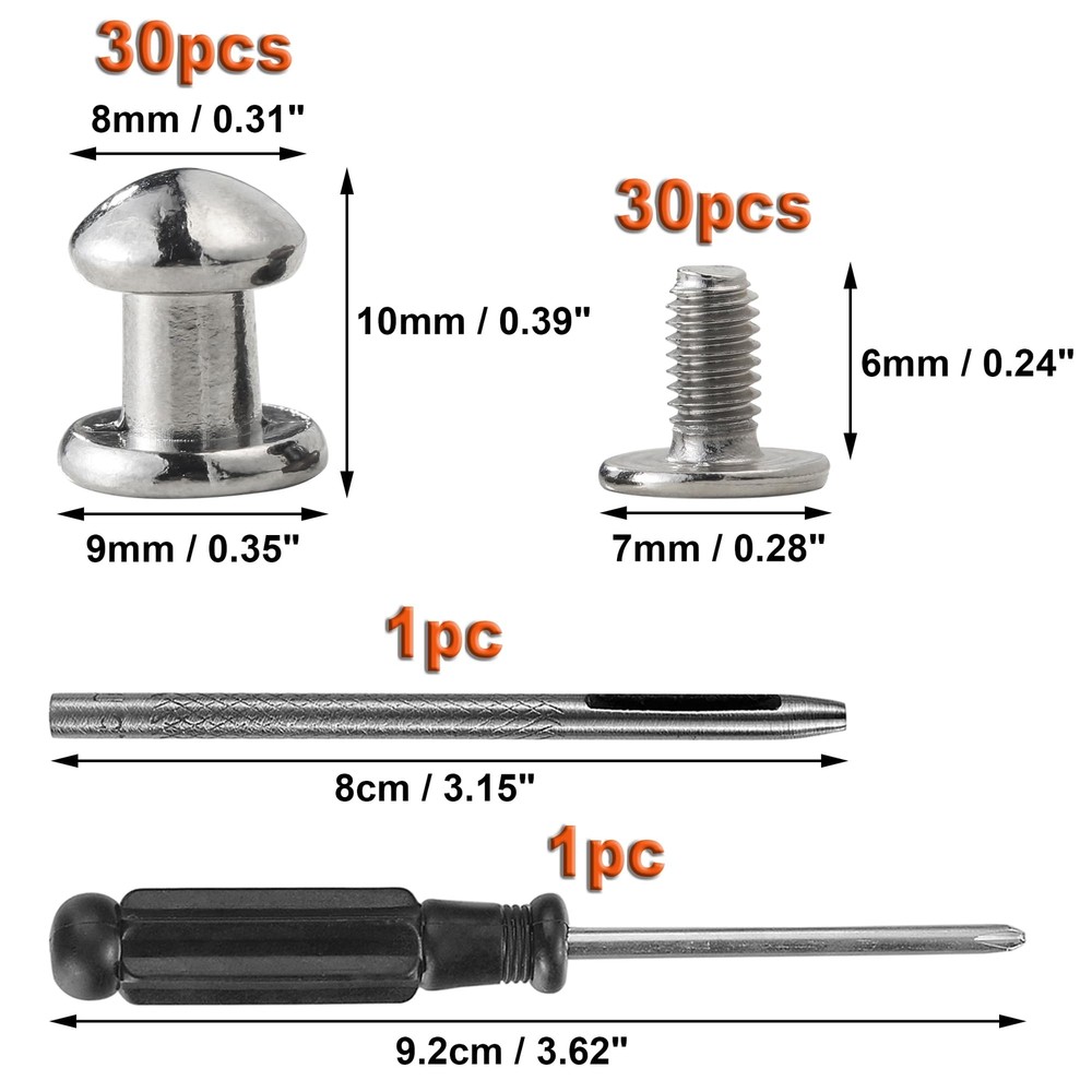 30 Sets 8MM Round Head Button Stud for Leather Chicago Screws Spikes and Stud...