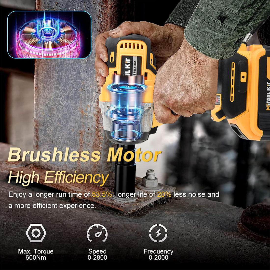 HIGH TORQUE 1/2" IMPACT WRENCH BRUSHLESS CORDLESS BATTERY IMPACT GUN KIT -Yellow