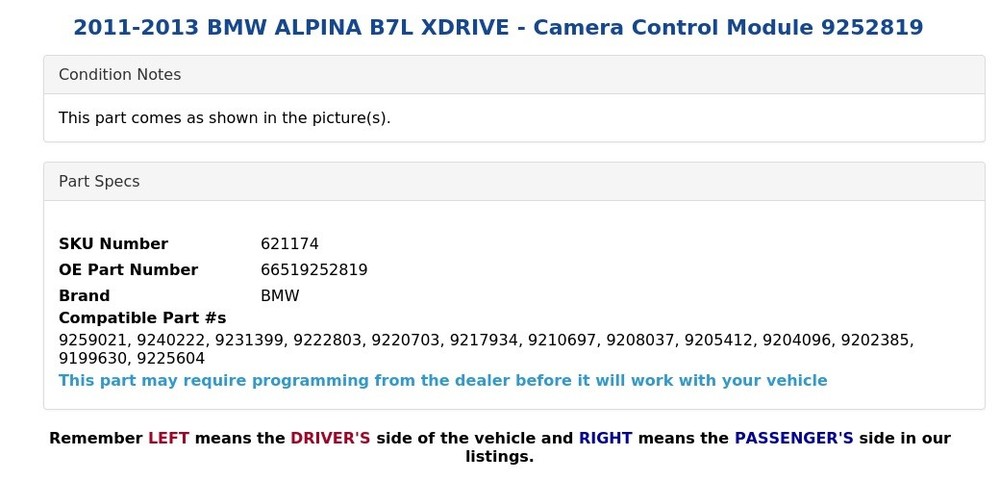 2011-2013 BMW ALPINA B7L XDRIVE - Camera Control Module 9252819