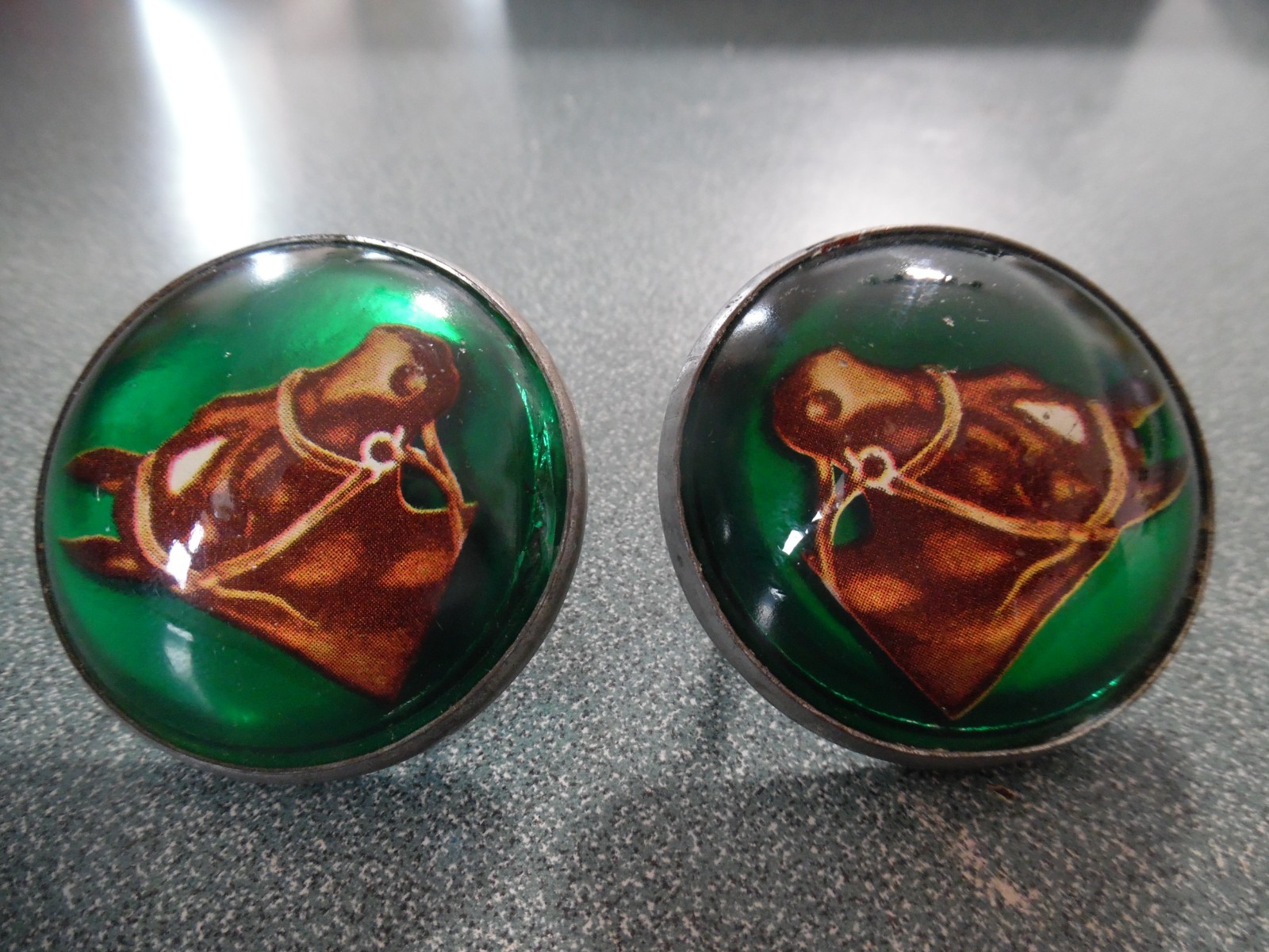 Vintage Pair Bridle Rosettes H.A. Chapman Horse Head Domed Green Glass 1960s