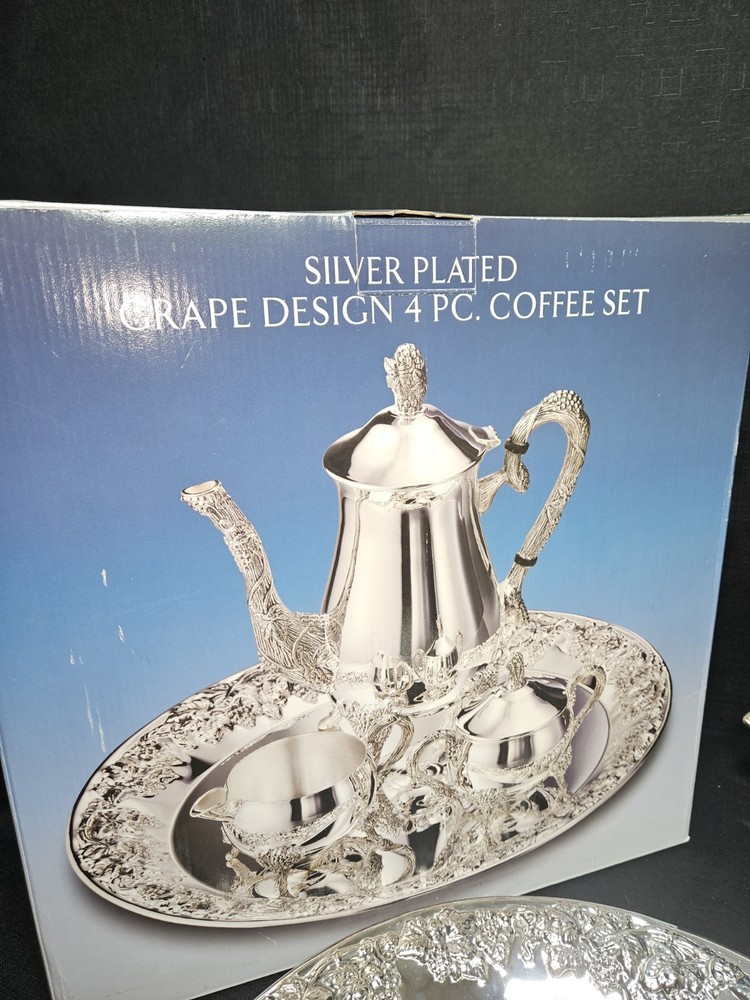 Nice Godinger Silver Plated 4 Piece Coffee Set With Elaborate Grape Design