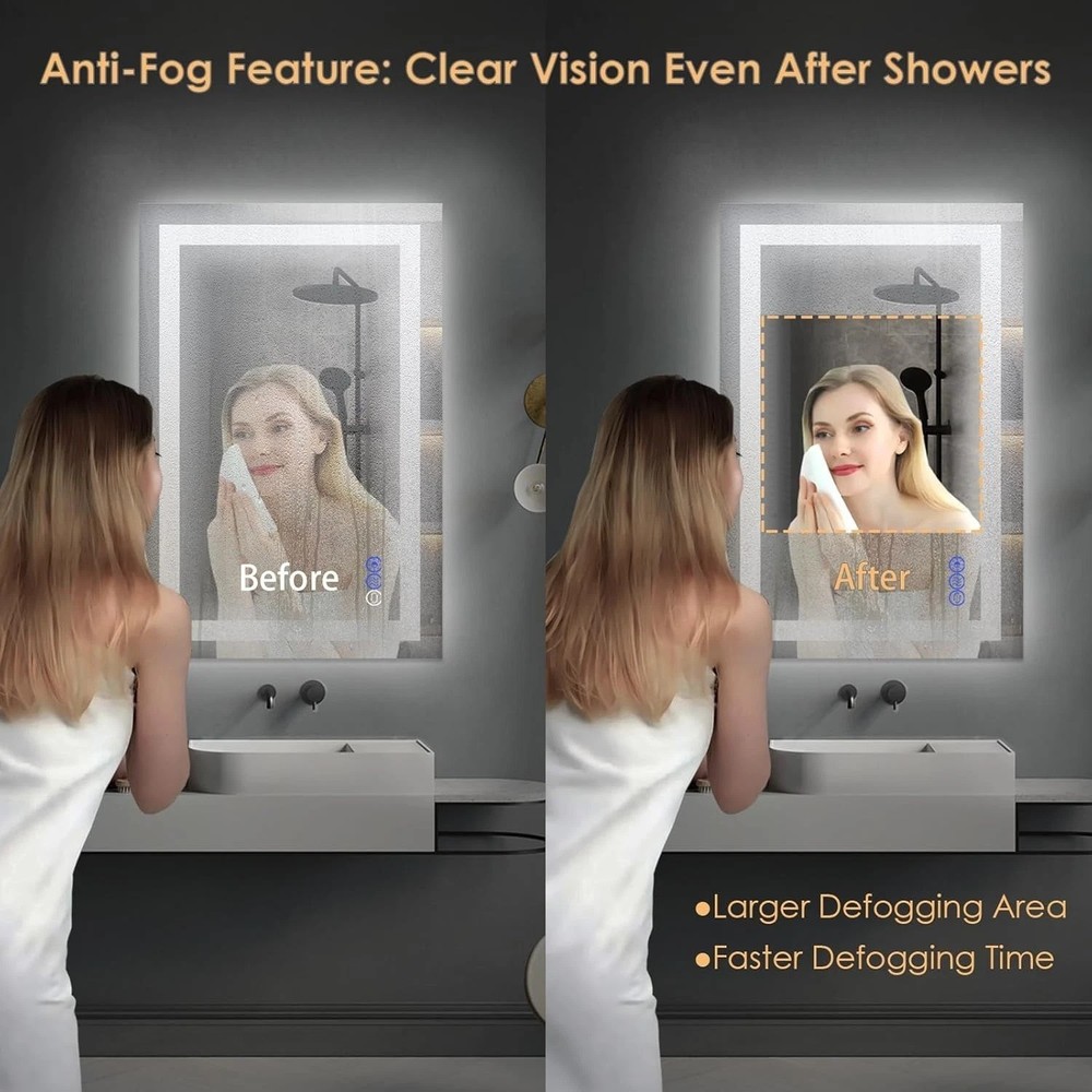 Modern Rectangular LED Vanity Mirror - 16x24, Waterproof & Memory Function