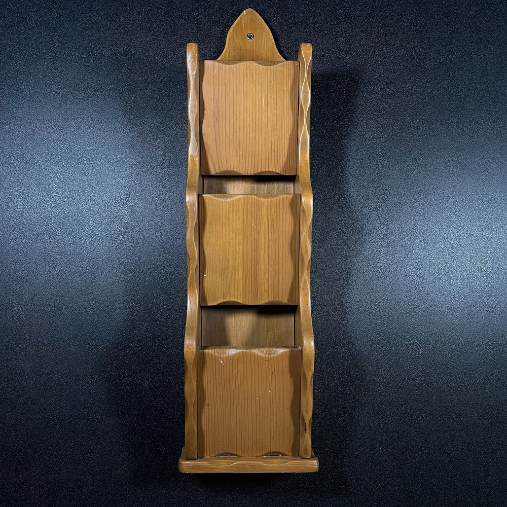 Vintage Tiered Wooden Mail Holder Solid MCM 22” Wavy