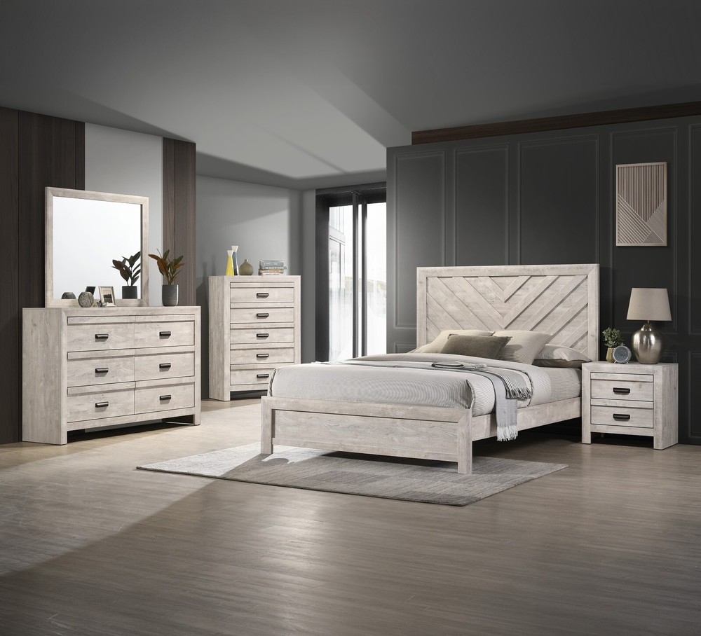 Rustic Gray Beige Queen Size 5pc Panel Bed Set Master Bedroom Furniture
